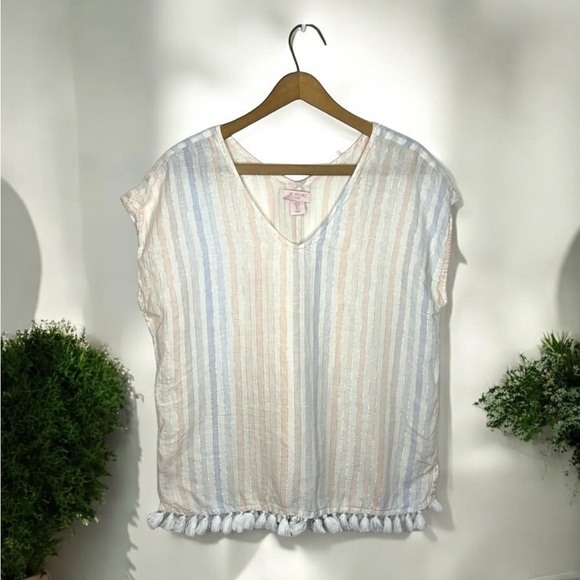 ST. TROPEZ West Linen Metallic Weave Boho Tassel Hem Sleeveless V Neck Blouse - Picture 11 of 11